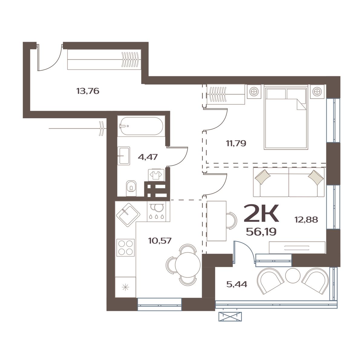 ЖК Меридианы Улисса, 2-комн кв 56,19 м2, за 7 397 000 ₽, 3 этаж